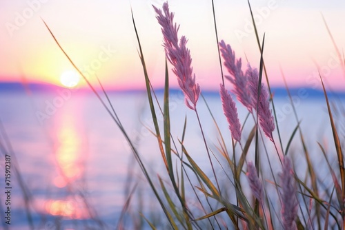 Stalks of small grass close-up in the background of sunset over a calm sea, sun setting over the horizon