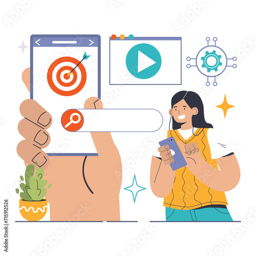 Website optimization concept. Targeting search relevance with precision. Engaging content and user interactions. Flat vector illustration.