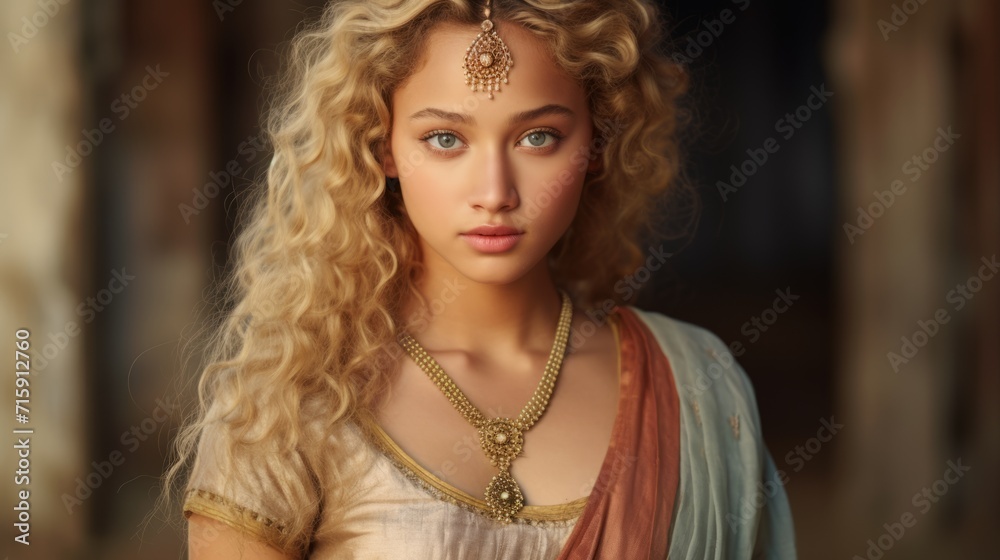 Photorealistic Teen Indian Woman with Blond Curly Hair retro Illustration. Portrait of a person in ancient aesthetics. Historic movie style Ai Generated Horizontal Illustration.