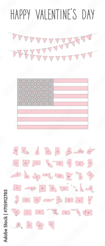 Patriotic elements for your Valentine's Day design. American flag, state maps, buntings flag are depicted in romantic pink color.