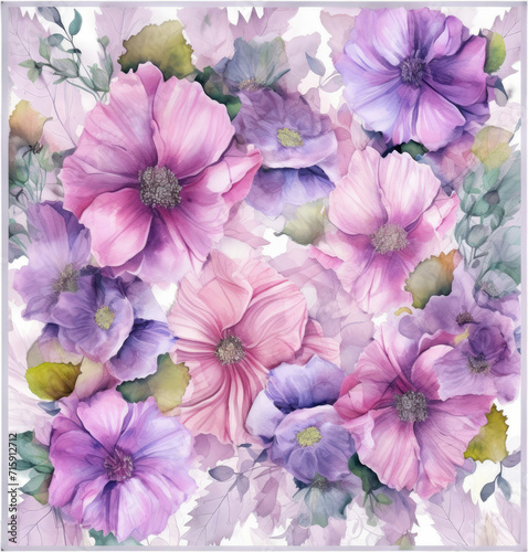 Vibrant Painting of Pink and Purple Flowers on a White Background