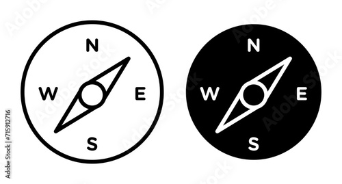Compass icon set. Circle map orientation vector logo symbol in black filled and outluined style. North south wind discovery sign.