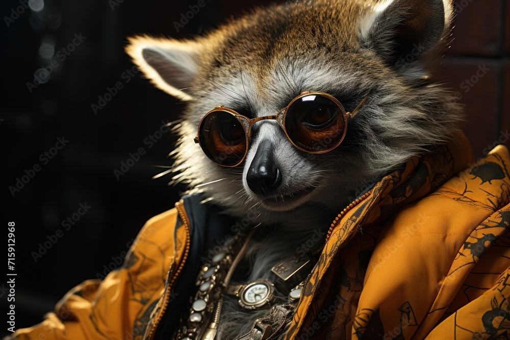 a close up of a raccoon wearing a jacket and sunglasses with a brick wall in the back ground. a close up of a raccoon wearing a jacket and sunglasses with a brick wall in the back ground.
