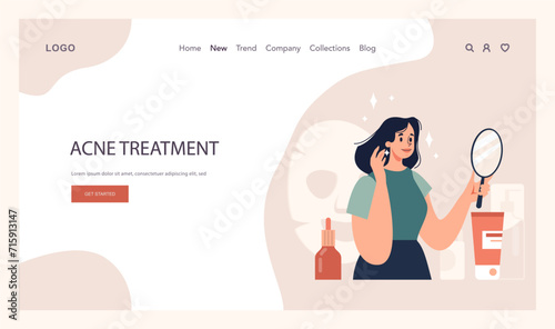 Acne treatment web banner or landing page. Dermatology and cosmetology diagnosis and care. Healthy facial skin tips. Blackheads and pimples treatment process. Flat vector illustration