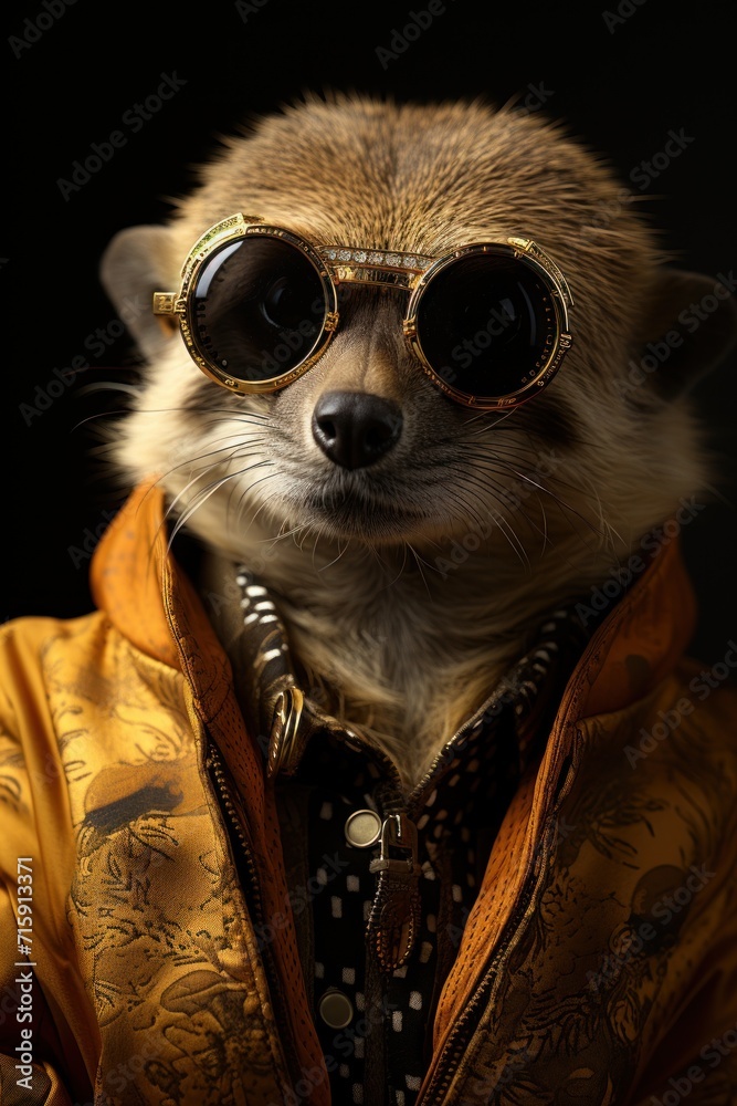  a close up of a raccoon wearing goggles and a jacket with a jacket on it's chest.