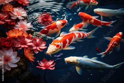  a group of orange and white koi fish swimming in a pond with water lilies and red and white flowers.