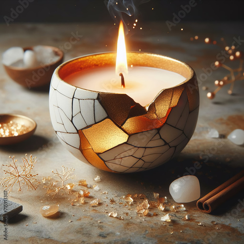 burning yellow wax candle in the shape of a heart on a yellow background