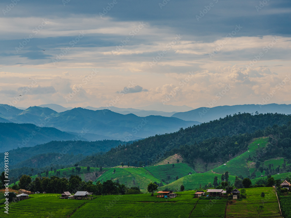 landscape view panorama beautiful  scenery looking fog green tree forest Mountain hill natural blue sky cloud horizontal distant countryside thailand asia travel holiday wind relax dawn time