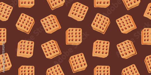 Seamless pattern of waffles with various fillings. Vector illustration of waffles, pastries for breakfast, sweet snacks