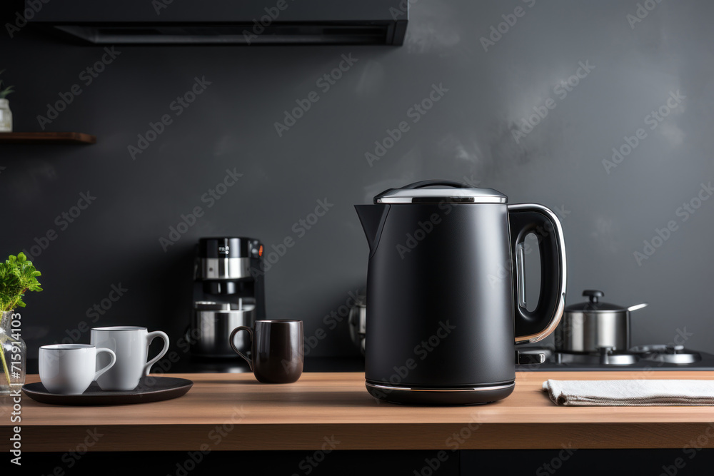  a black coffee pot sitting on top of a counter next to a cup of coffee and a plate of food.