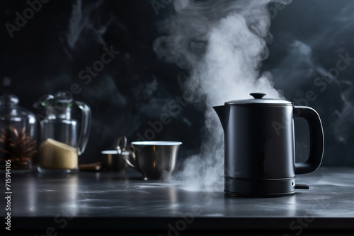  a kettle with steam coming out of it sitting on a counter next to cups and a kettle with steam coming out of it.