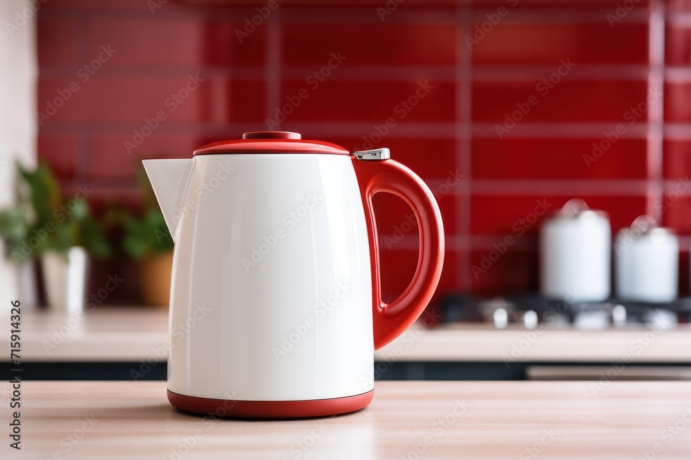 a red and white coffee pot sitting on top of a wooden table next to a red tile backsplash. a red and white coffee pot sitting on top of a wooden table next to a red tile backsplash.