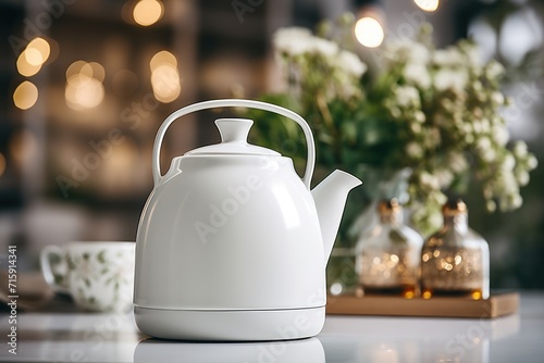  a white tea kettle sitting on top of a table next to a vase of flowers and a cup of coffee. photo