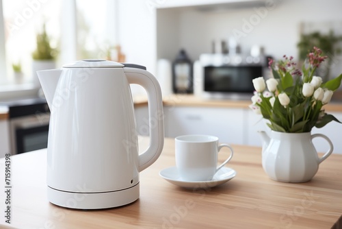  a white tea kettle sitting on top of a wooden table next to a cup of coffee and a vase of flowers.