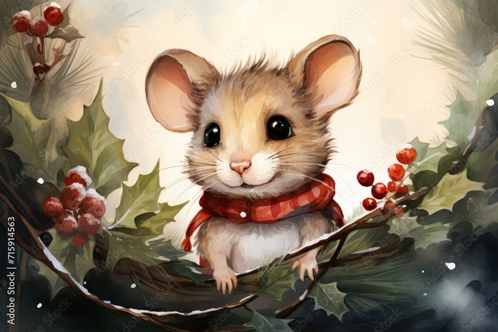  a painting of a mouse sitting on a branch of a tree with berries and berries on it's branches.