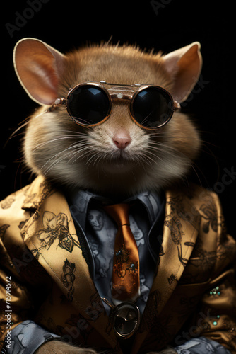  a close up of a cat wearing a suit and sunglasses with a tie and tie around it's neck.