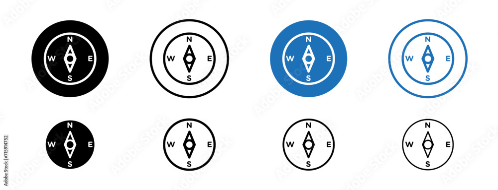 Compass Line Icon Set. Circle Map Orientation Vector Illustration in Black and Blue Color. - obrazy, fototapety, plakaty 