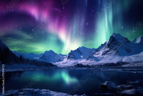  a view of a mountain range with a lake in the foreground and the northern lights in the sky in the background.