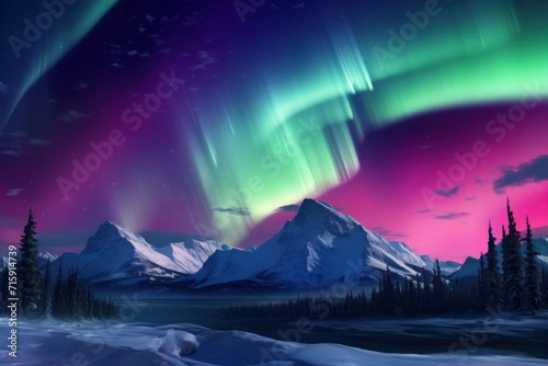  a snow covered landscape with a mountain range in the foreground and an aurora display in the sky in the background.
