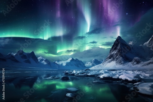  an image of a beautiful night scene with the aurora lights in the sky above a mountain lake and icebergs in the foreground. © Shanti