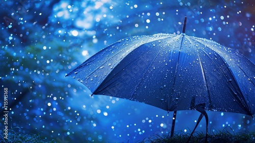 Navy blue umbrella with celestial raindrop dance. -