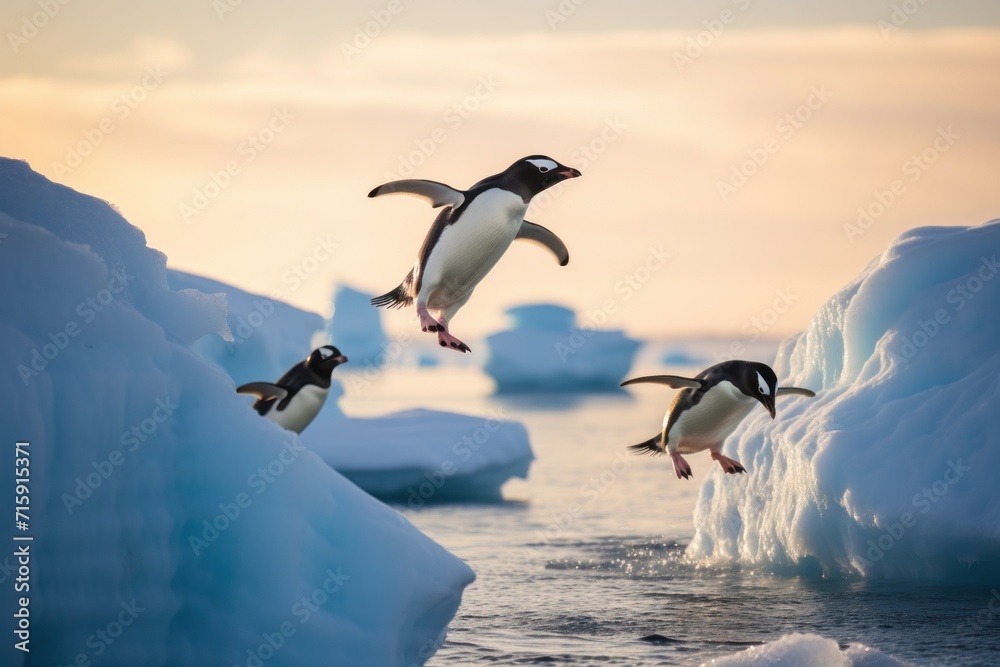  a group of penguins flying over icebergs in a body of water with icebergs in the background.