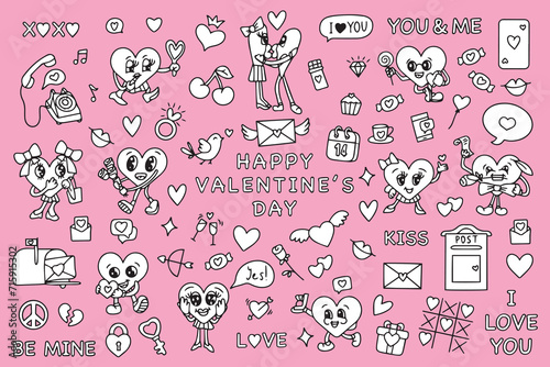 Trendy groovy valentines day sticker set. Retro valentines day. 70s 60s aesthetics. Vintage comic vector. Vector illustration