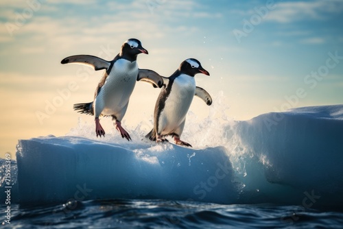  two penguins jumping out of the water onto an iceberg in the middle of the ocean on a sunny day.