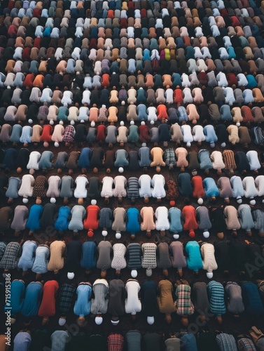 Aerial view of the crowd of Muslim people attending a religious ceremony. A panoramic shot capturing people from different cultures and backgrounds coming together for Eid prayers