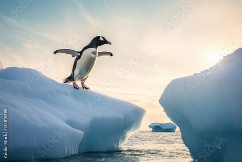  a penguin standing on top of an iceberg in the middle of a body of water with icebergs in the background.