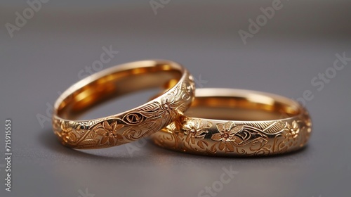 Intertwined golden rings delicately engraved with symbols of eternity. 