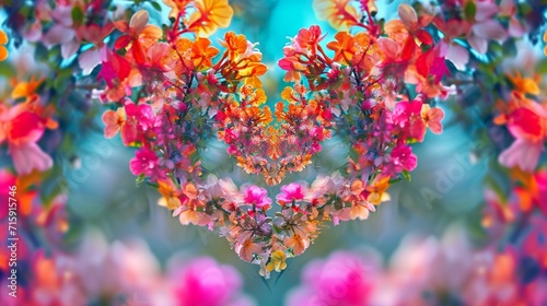 Kaleidoscope of blooming flowers forming a heart, love blossoming