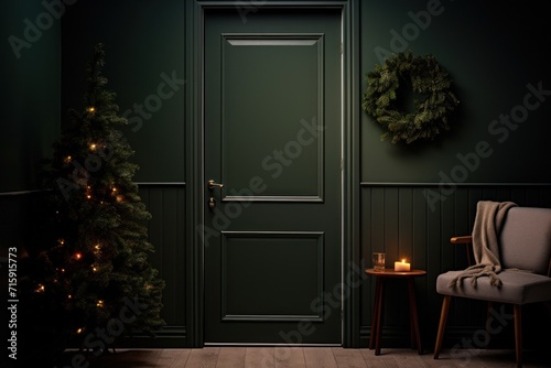  a green door in a dark room with a christmas tree in the corner and a lit candle in front of it. photo