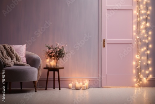  a room with a pink door, a chair, a table with candles and a vase with flowers on it.