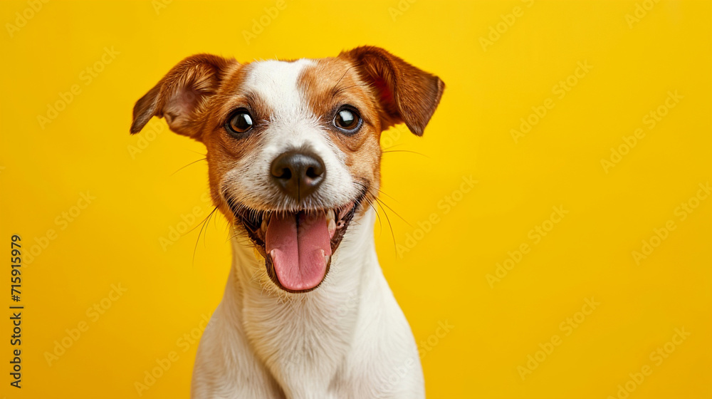 Portrait of a cute smiling happy small dog Jack Russell terrier on a yellow background isolated. Dog close up on color background. Concept pets love, animal life, humor.