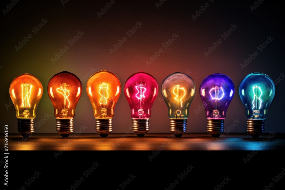a row of colorful light bulbs sitting next to each other on a wooden table in front of a dark background. a row of colorful light bulbs sitting next to each other on a wooden table in front of a dark background.