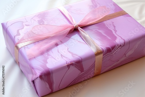  a pink gift box with a pink ribbon and a pink bow on top of it, on a white surface.