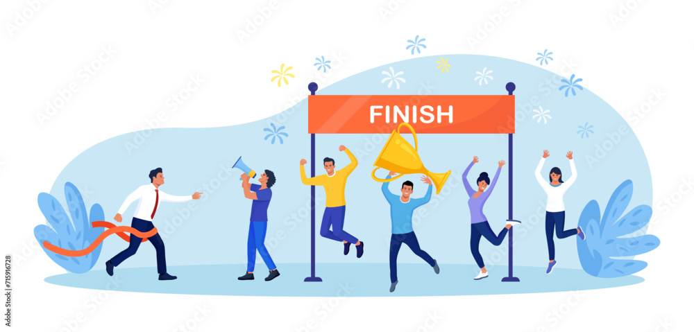 Businessman finished first in a market race. Business success. Winner breaks the finishing tape. Business person takes leadership position, celebrates victory. Goal achievement award