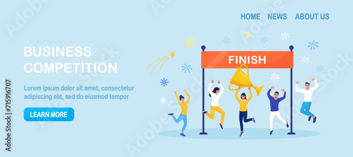 Business people celebrates success. Team colleagues reaching goal celebrating victory. Woman winning race, holding trophy cup. Entrepreneurs leadership. Motivation to achieve aim