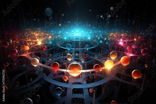  a computer generated image of a futuristic city with lots of lights and orbs in the center of the image.