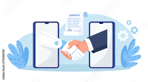 Businessman is shaking hands with an AI robot. Partnership between man, humanoid robots. Online collaboration between human, artificial intelligence. Contract with cyborg, future machine