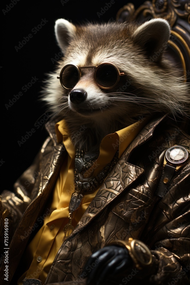  a raccoon dressed in a leather jacket and sunglasses sitting in a chair with a button on it's collar.