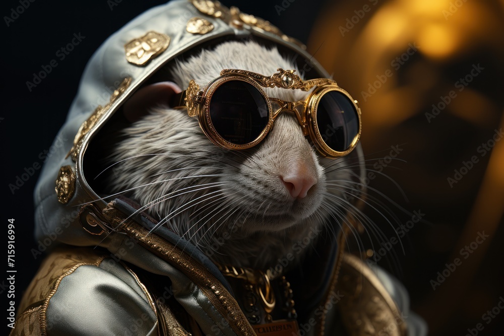  a close up of a rat wearing goggles and a jacket with a hood and goggles on it's head.