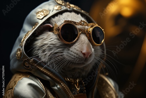  a close up of a rat wearing goggles and a jacket with a hood and goggles on it s head.
