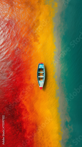 boat in colorful waters, blue, yellow and red, background, aerial photography