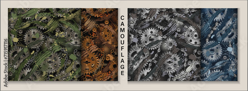 Set of camouflage patterns with machine gears, rivets, splattered smudge paint. Industrial steampunk style. For apparel, fabric, textile, sport goods. Not AI