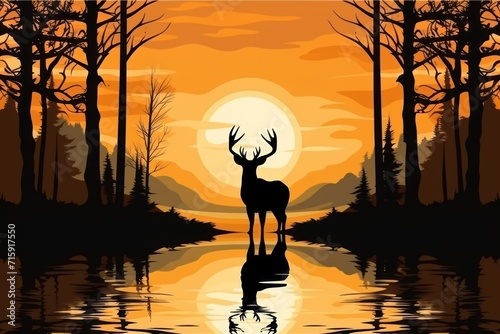  a silhouette of a deer standing in front of a lake with a setting sun in the background and trees in the foreground.