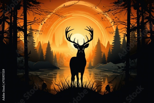  a silhouette of a deer standing in front of a sunset with a lake in the foreground and trees in the background.