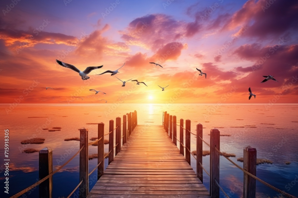  a pier with seagulls flying over the water and the sun setting in the distance with clouds in the sky.