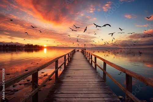  a pier with birds flying over the water and the sun setting in the distance behind the pier is a body of water with a dock in the foreground.